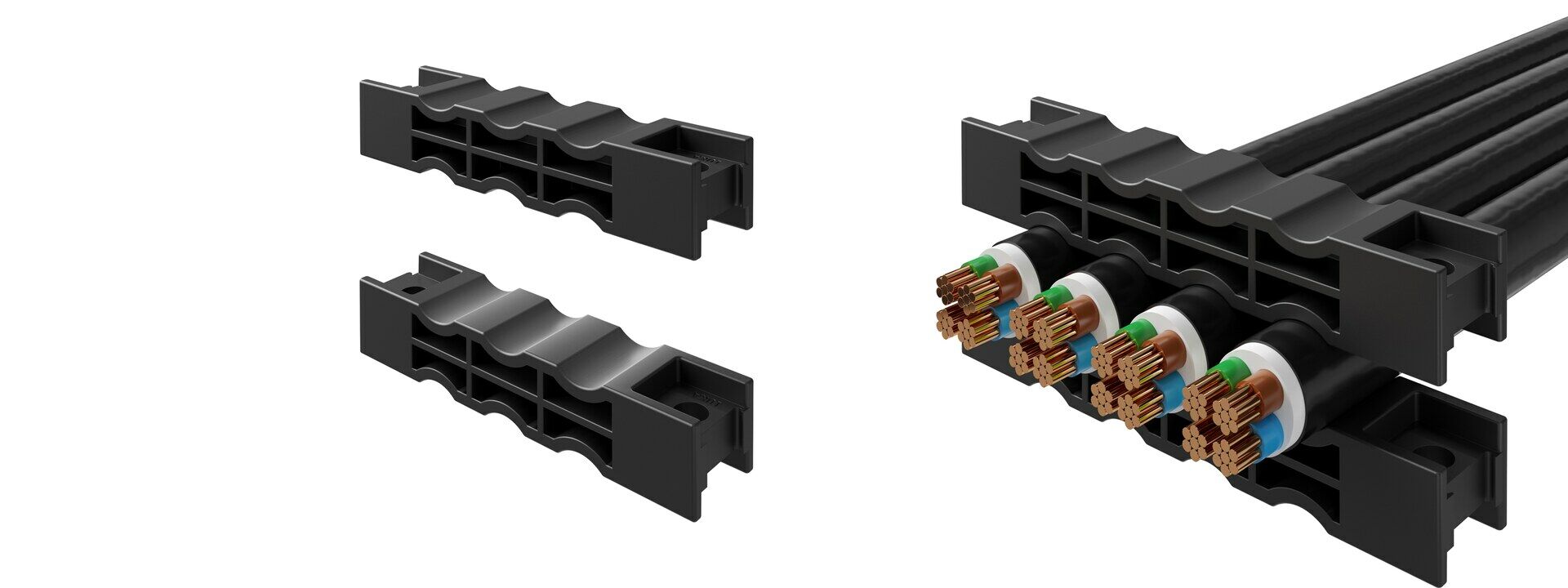 Reihen-Kabelschellen LKRS 3x10-32 und LKRS 4x10-32 von LUKA, die 4x10-32 mit vier Energiekabeln      